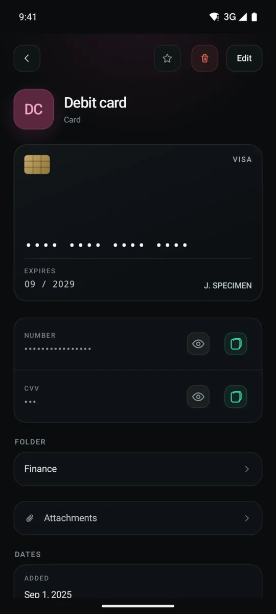 A saved debit card. The number and CVV stay masked behind reveal controls.